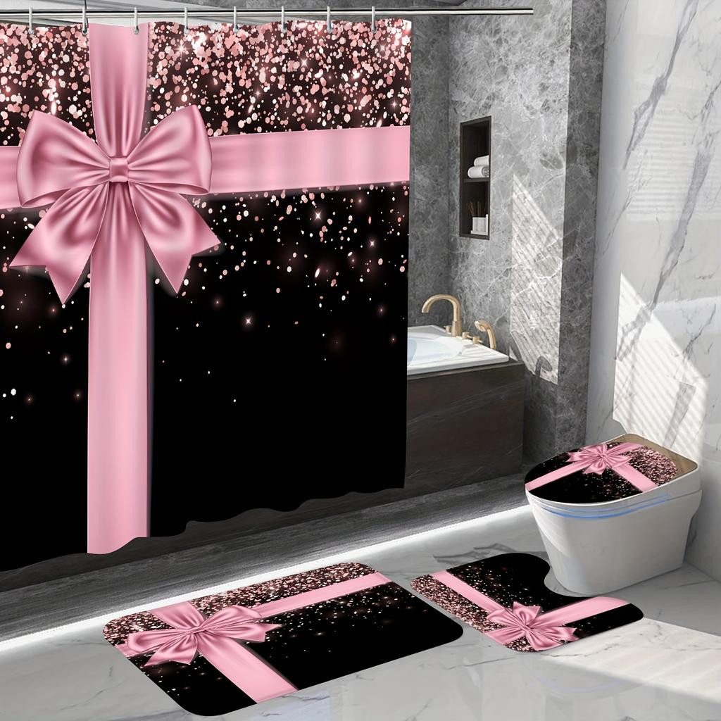 4-Teiliges Glitzerndes Rosa Duschvorhang-Set Mit Teppich Und  Wc-Deckelmatte, Glitzernde Tropfen Verleihen Ihrem Badezimmer Luxus Und  Stil – Zu with Badezimmer Set Rosa