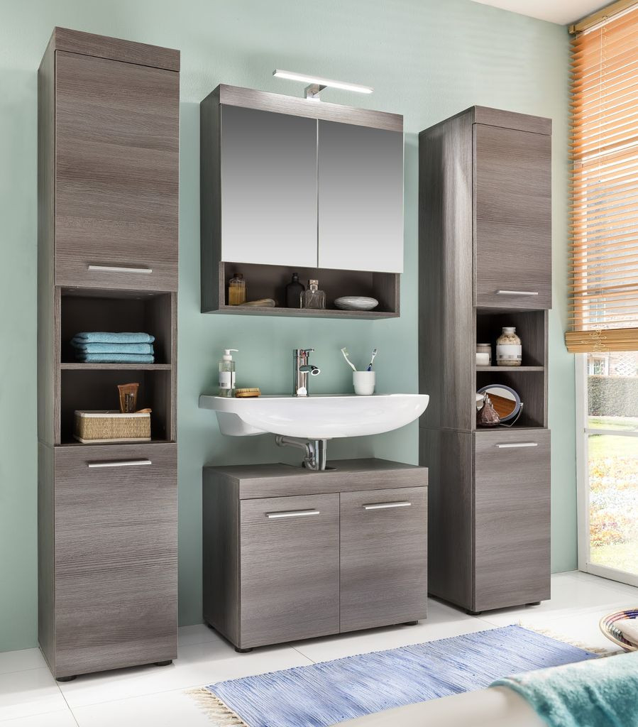 Badezimmer Möbel Badmöbel Set Runner 4-Teilig Sardegna Rauchsilber Grau Mit  Hochschrank Und Spiegelschrank with Badezimmer Set Günstig